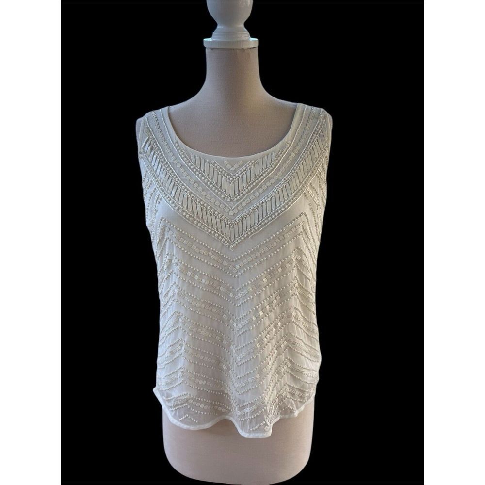 White House Black Market Beaded Sleeveless Roundneck Ecru‎ White Blouse Medium